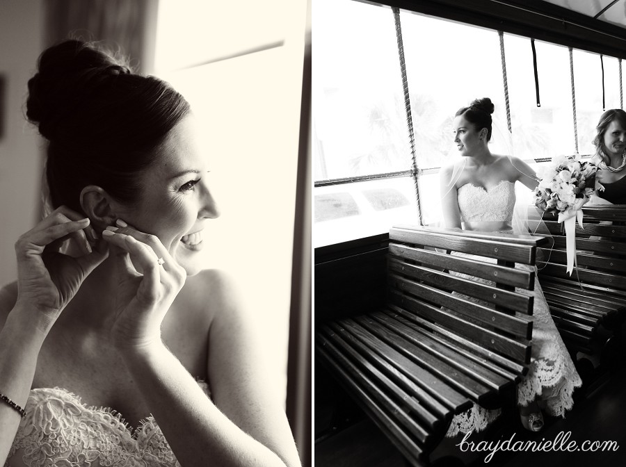 black and white bridal candid trolley