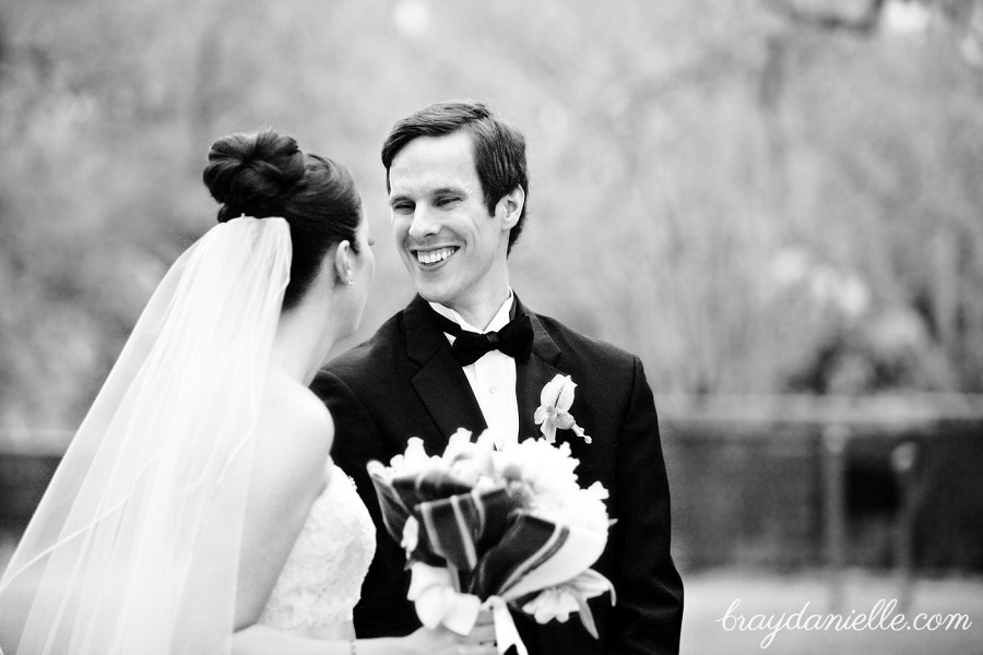groom smiling at bride Audubon Tea Room, New Orleans, LA