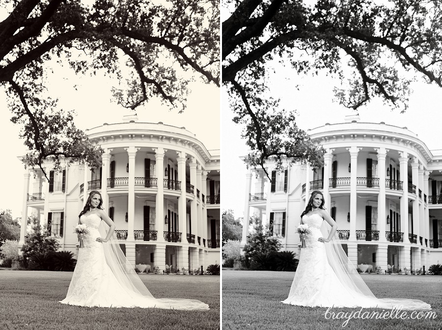 bridal portraits in front of mansion with long veil by Bray Danielle Photography 