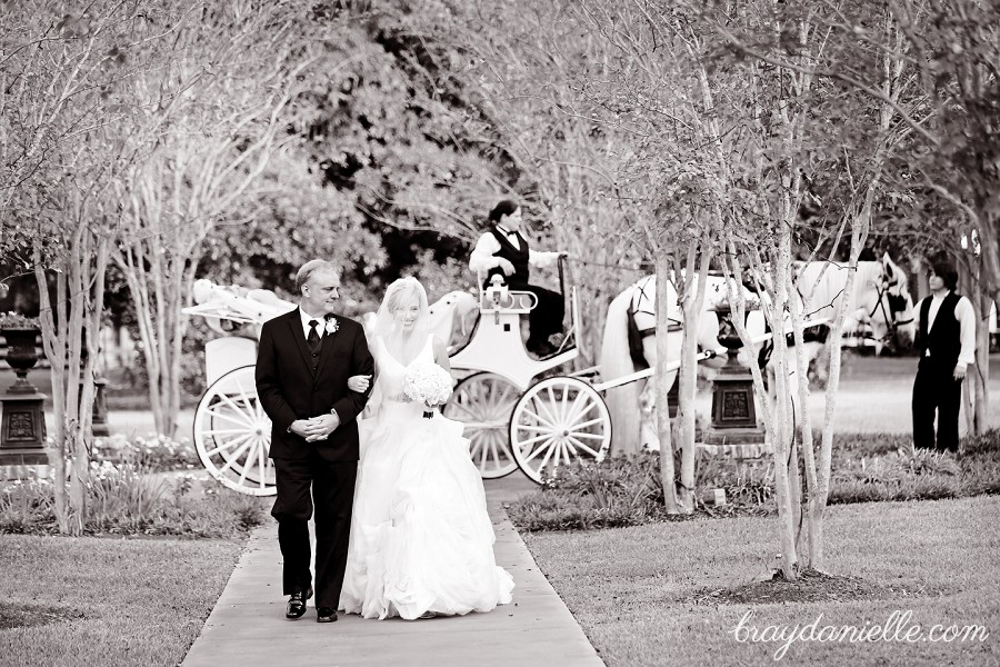 father of the bride and bride in front of horse and carriage