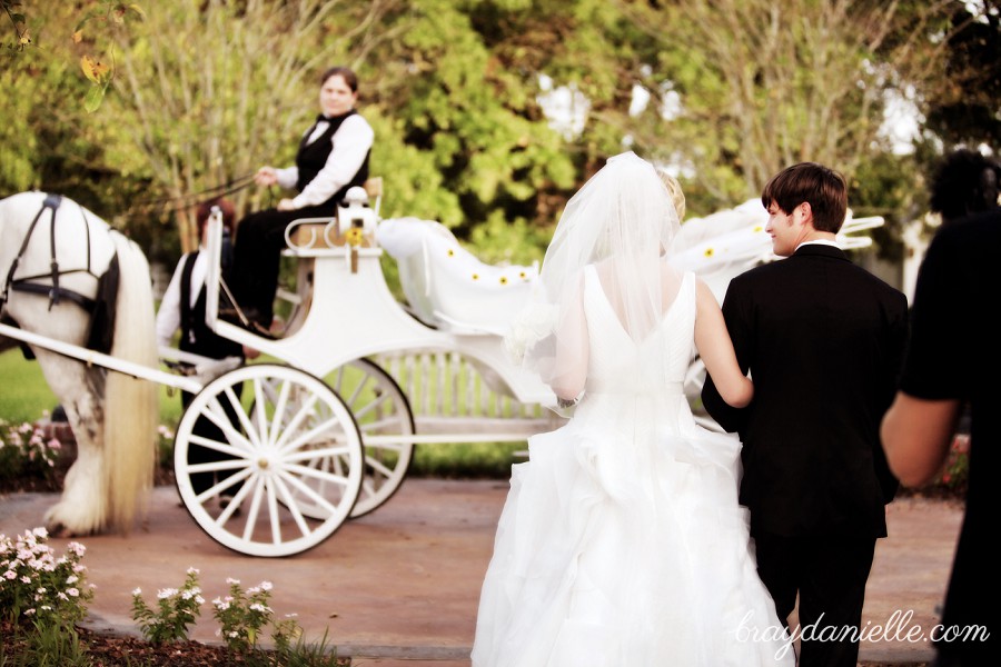 bride and groom walking to carriage