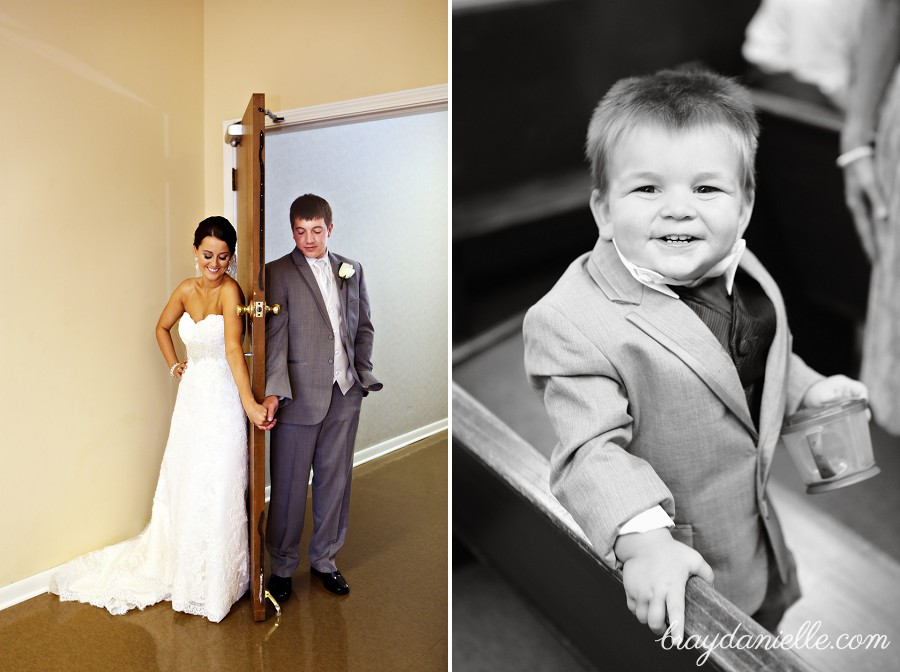 Bride + groom holding hands on either side of door + Ring bearer