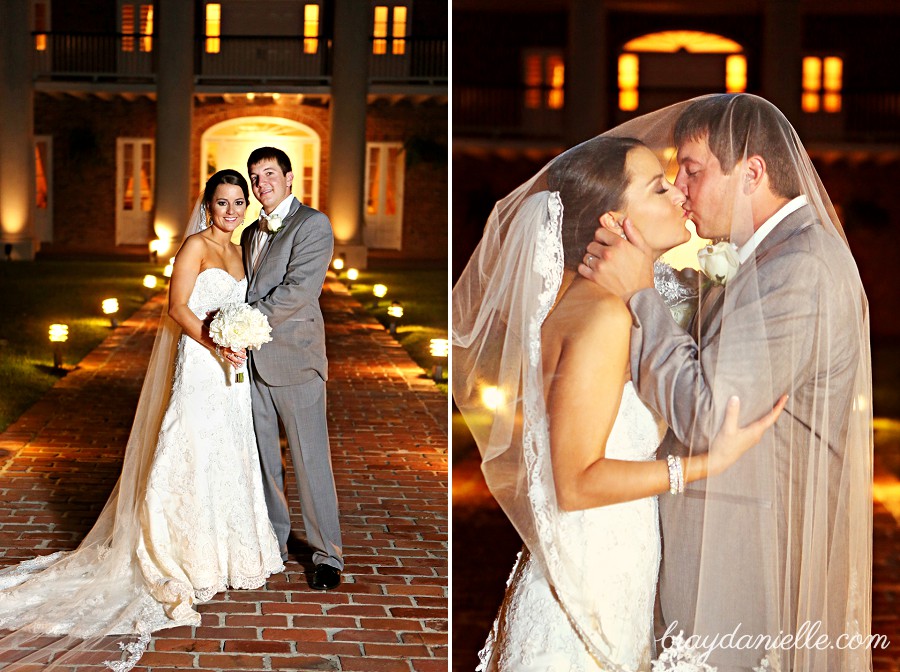 bride and groom night time portrait + kissing under wedding veil White Oak Plantation