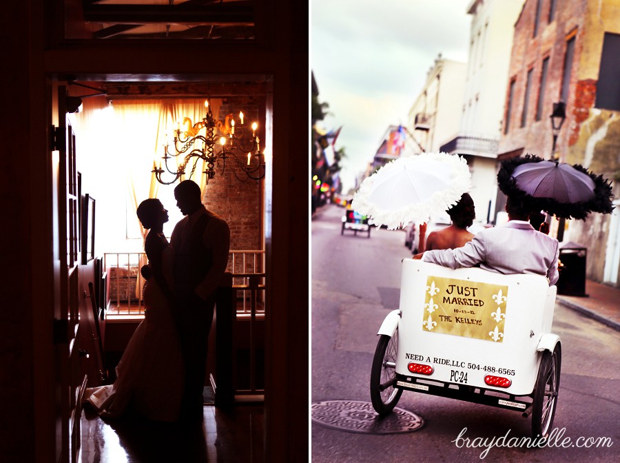 Bride & groom silhouette + Just married cart